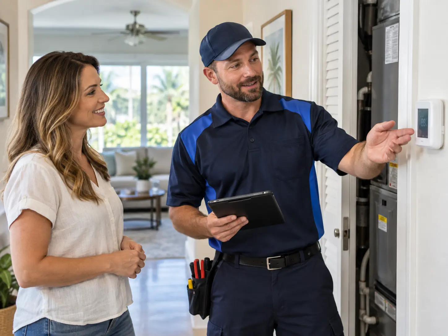 Service provider showing a Tallahassee homeowner findings on a tablet next to her indoor air handler and thermostat