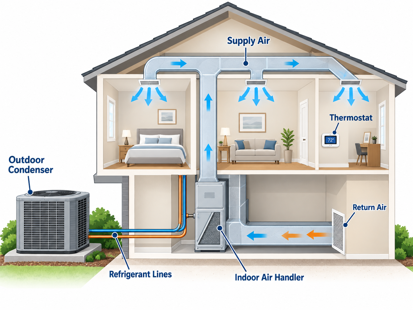 Cutaway diagram of a home central air conditioning system showing the outdoor condenser, refrigerant lines, indoor air handler, thermostat, supply air ducts and return air grille