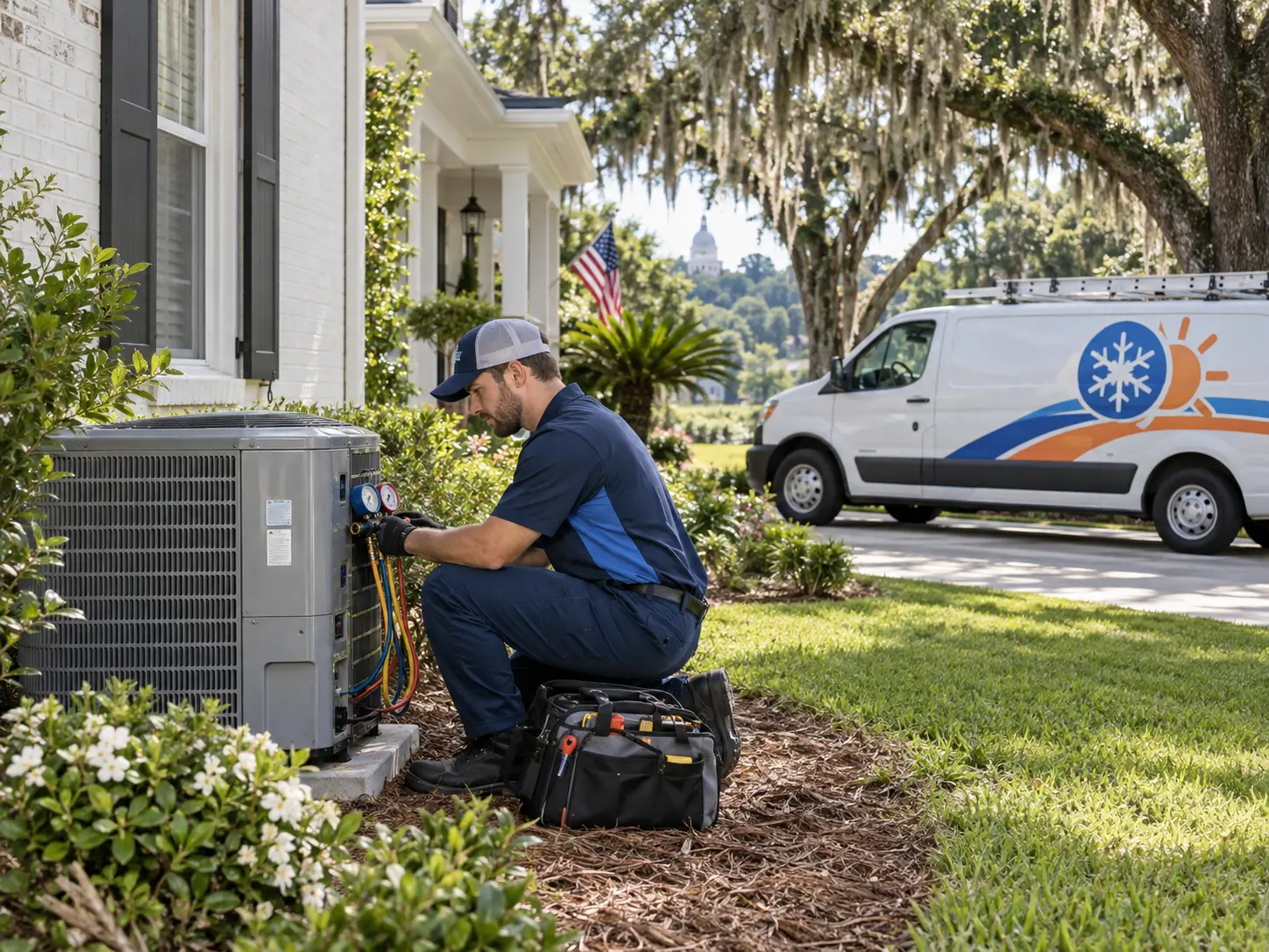 Technician checking refrigerant pressures on an outdoor air conditioner condenser at a North Florida home