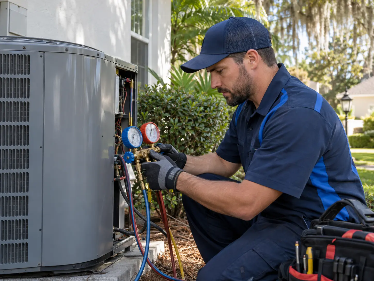 Refrigerant gauge manifold connected to a residential condensing unit during an air conditioning diagnosis